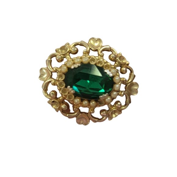 Vintage Coro Brooch Emerald Green Glass Stone & Faux Pearl Accents Gold Tone - Picture 2 of 6